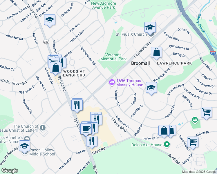 map of restaurants, bars, coffee shops, grocery stores, and more near 1 Lawrence Road in Broomall