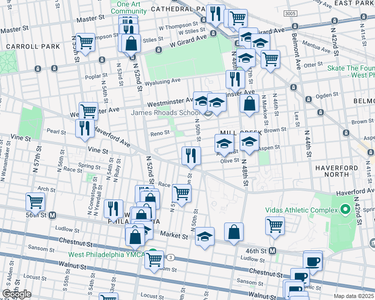 map of restaurants, bars, coffee shops, grocery stores, and more near 459 Dearborn Street in Philadelphia