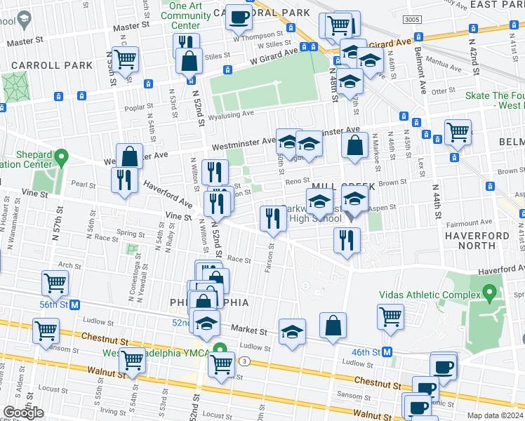 map of restaurants, bars, coffee shops, grocery stores, and more near 460 Dearborn Street in Philadelphia