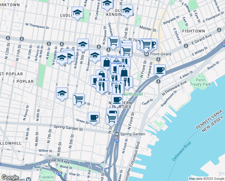 map of restaurants, bars, coffee shops, grocery stores, and more near 208 West Laurel Street in Philadelphia