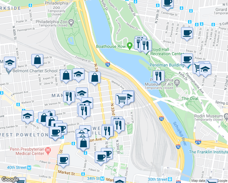 map of restaurants, bars, coffee shops, grocery stores, and more near 3226 Wallace Street in Philadelphia
