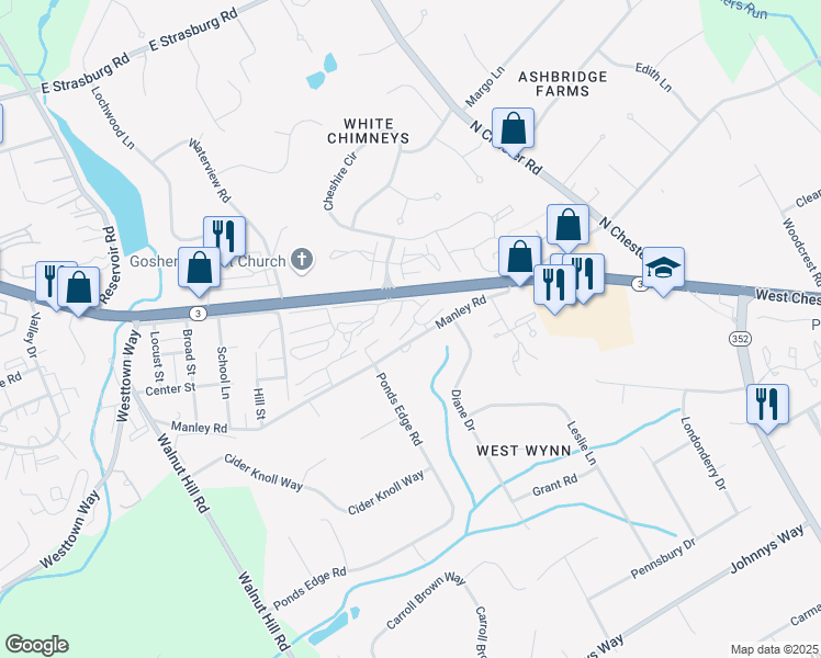 map of restaurants, bars, coffee shops, grocery stores, and more near 542 Summit House in West Chester