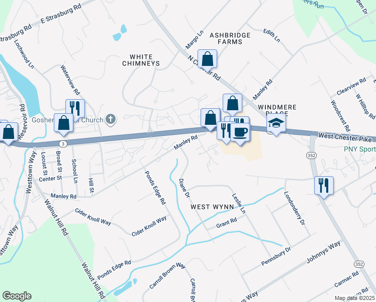 map of restaurants, bars, coffee shops, grocery stores, and more near 301 Diane Drive in West Chester