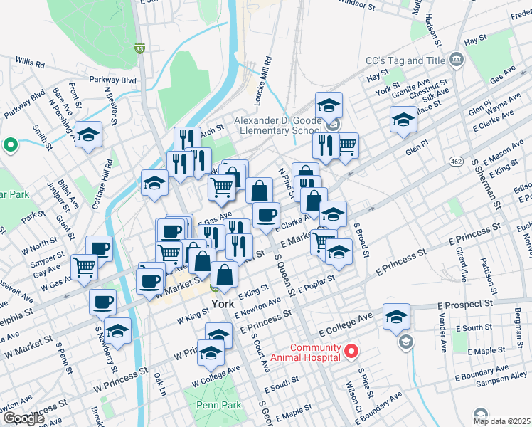 map of restaurants, bars, coffee shops, grocery stores, and more near 207 East Philadelphia Street in York