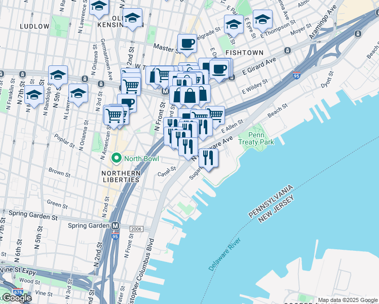 map of restaurants, bars, coffee shops, grocery stores, and more near 136 Melvale Street in Philadelphia