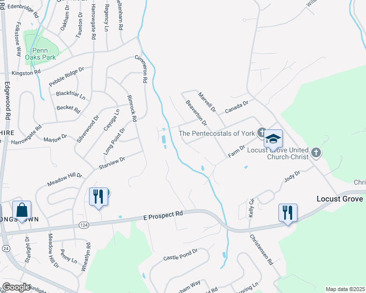 map of restaurants, bars, coffee shops, grocery stores, and more near 3880 Pond Drive in York