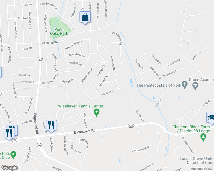 map of restaurants, bars, coffee shops, grocery stores, and more near 3734 Long Point Drive in York