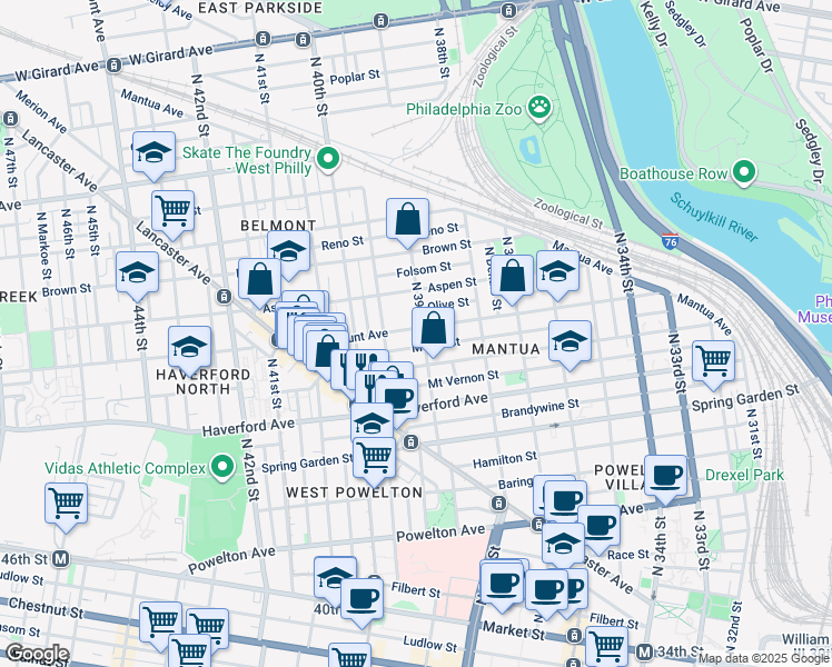 map of restaurants, bars, coffee shops, grocery stores, and more near 674 North 39th Street in Philadelphia
