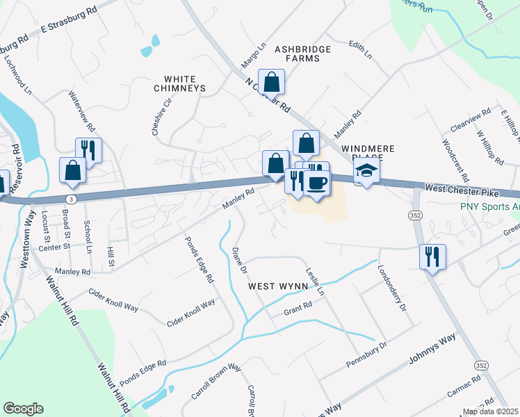 map of restaurants, bars, coffee shops, grocery stores, and more near 1518 Manley Road in West Chester