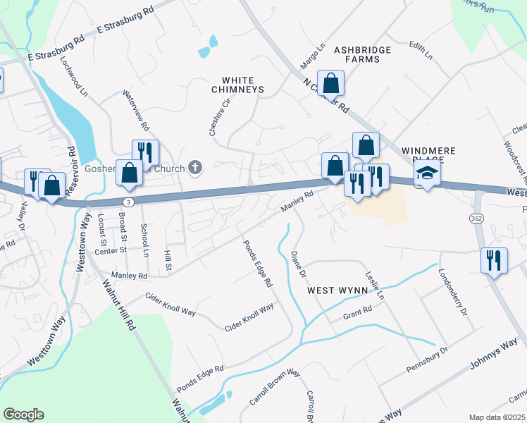map of restaurants, bars, coffee shops, grocery stores, and more near 635 Summit House in West Chester