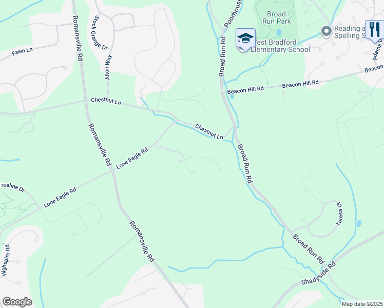 map of restaurants, bars, coffee shops, grocery stores, and more near 1809 Honeysuckle Court in Downingtown