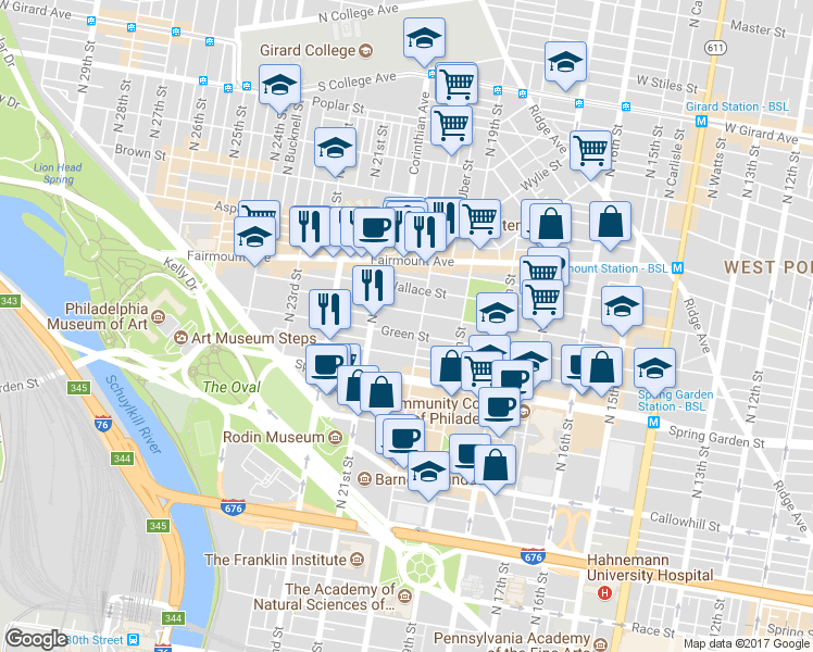 map of restaurants, bars, coffee shops, grocery stores, and more near 2013 Green Street in Philadelphia