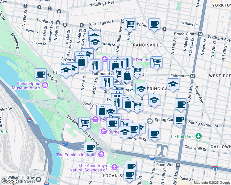 map of restaurants, bars, coffee shops, grocery stores, and more near 2013 Green Street in Philadelphia