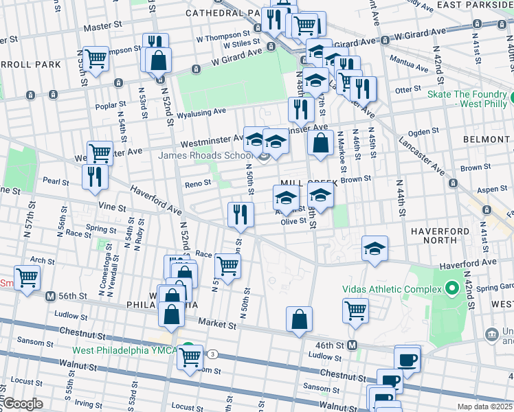 map of restaurants, bars, coffee shops, grocery stores, and more near 453 North 50th Street in Philadelphia