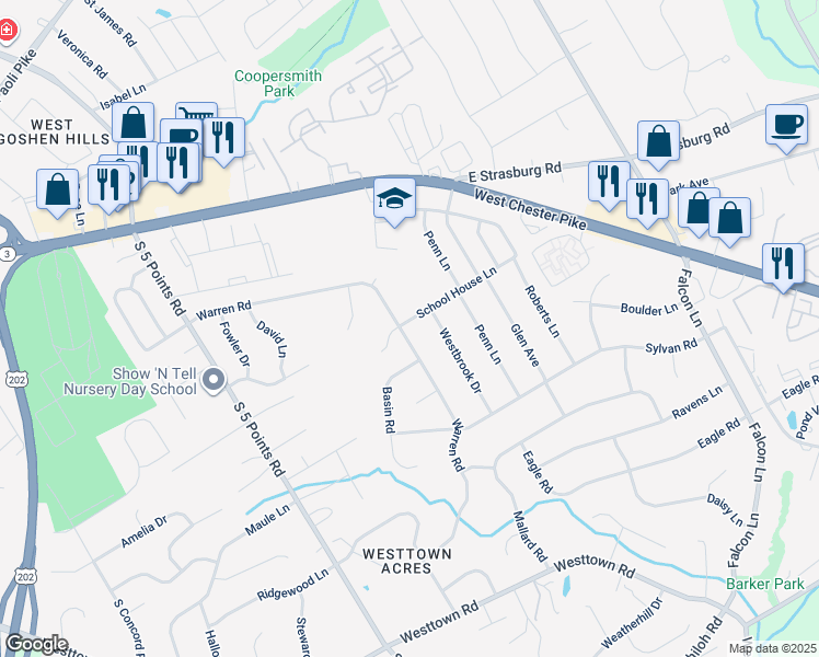 map of restaurants, bars, coffee shops, grocery stores, and more near 1150 School House Lane in West Chester
