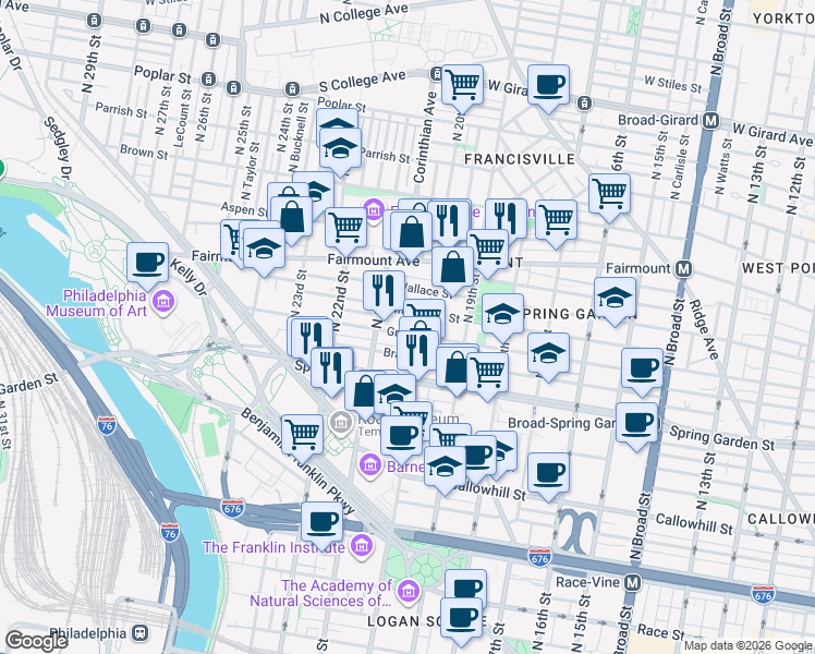 map of restaurants, bars, coffee shops, grocery stores, and more near 2011 Mount Vernon Street in Philadelphia