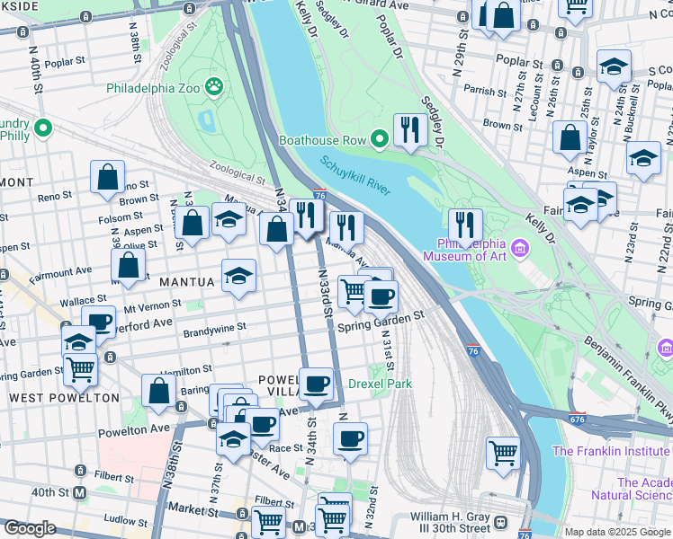 map of restaurants, bars, coffee shops, grocery stores, and more near 3222 Wallace Street in Philadelphia