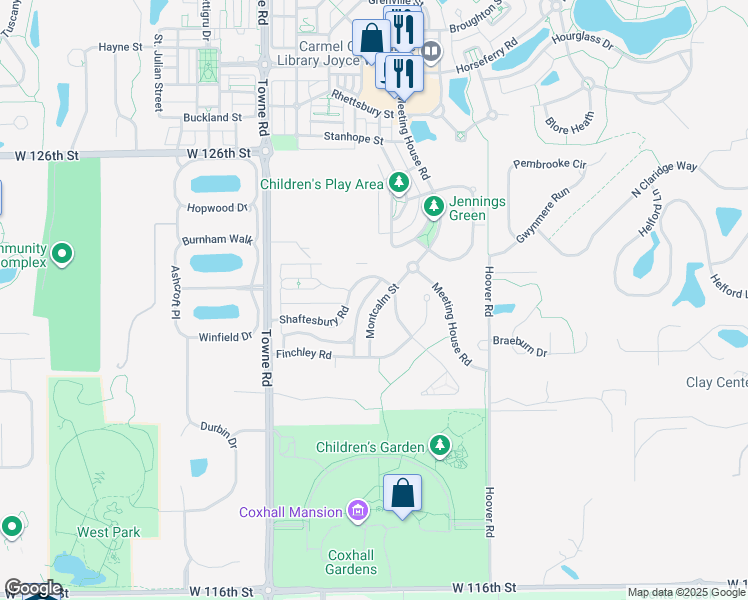 map of restaurants, bars, coffee shops, grocery stores, and more near 12252 Montcalm Street in Carmel