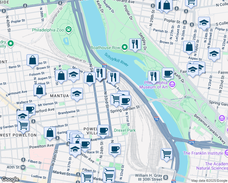 map of restaurants, bars, coffee shops, grocery stores, and more near 632 North 32nd Street in Philadelphia
