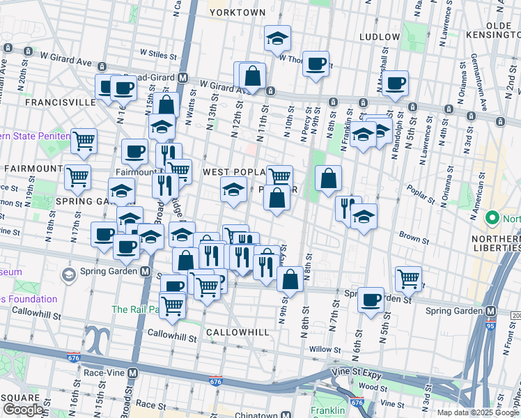 map of restaurants, bars, coffee shops, grocery stores, and more near 1022 Fairmount Avenue in Philadelphia