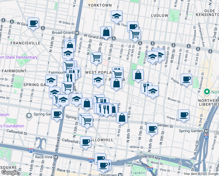 map of restaurants, bars, coffee shops, grocery stores, and more near 706 North Warnock Street in Philadelphia