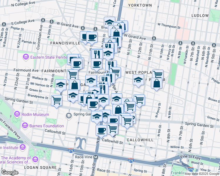 map of restaurants, bars, coffee shops, grocery stores, and more near 699 North Broad Street in Philadelphia