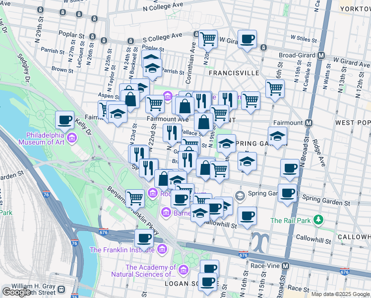 map of restaurants, bars, coffee shops, grocery stores, and more near 2011 Mount Vernon Street in Philadelphia