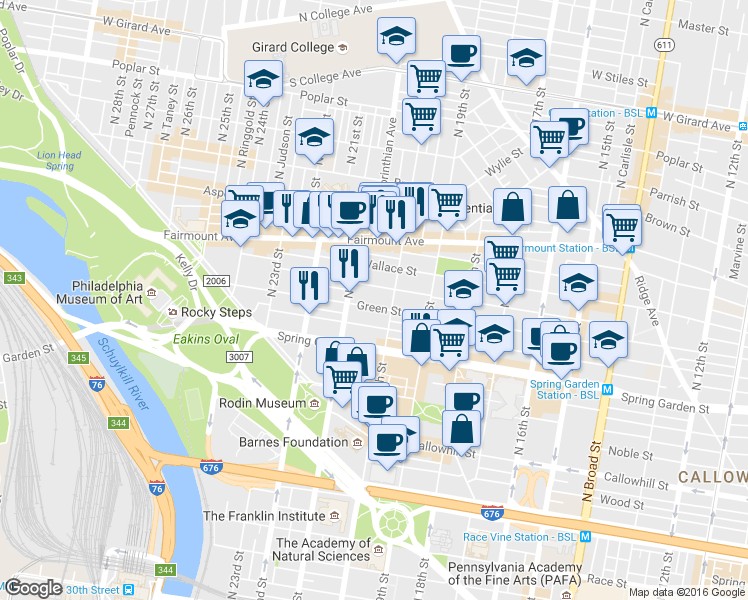 map of restaurants, bars, coffee shops, grocery stores, and more near 2011 Mount Vernon Street in Philadelphia