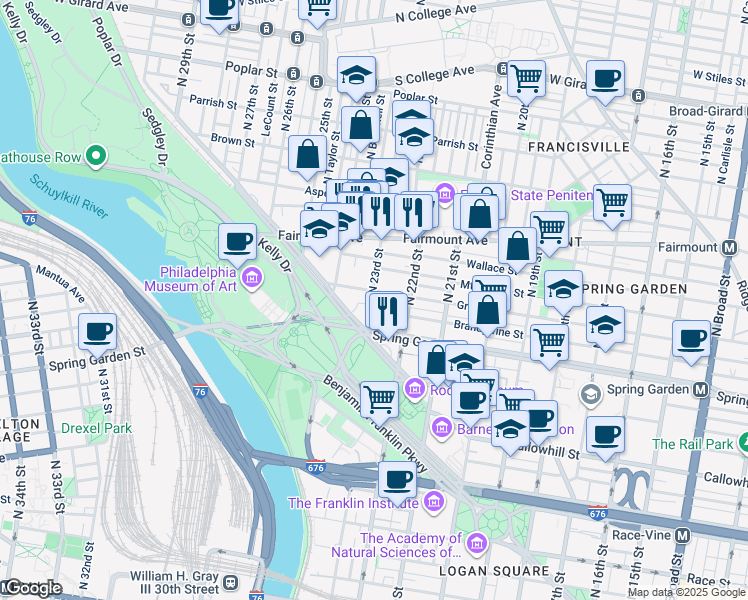 map of restaurants, bars, coffee shops, grocery stores, and more near 2229 Green Street in Philadelphia
