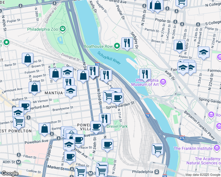 map of restaurants, bars, coffee shops, grocery stores, and more near 644 North 32nd Street in Philadelphia