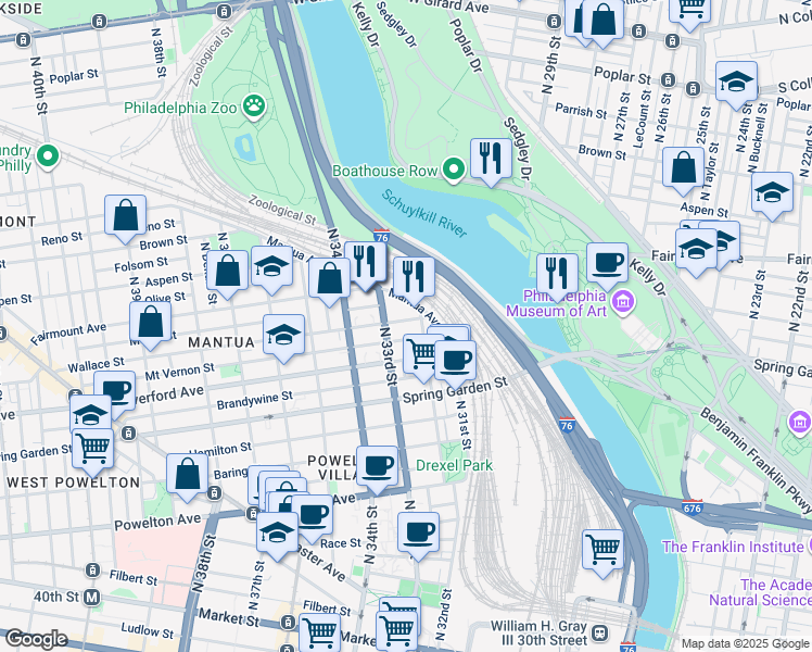 map of restaurants, bars, coffee shops, grocery stores, and more near 3216 Wallace Street in Philadelphia