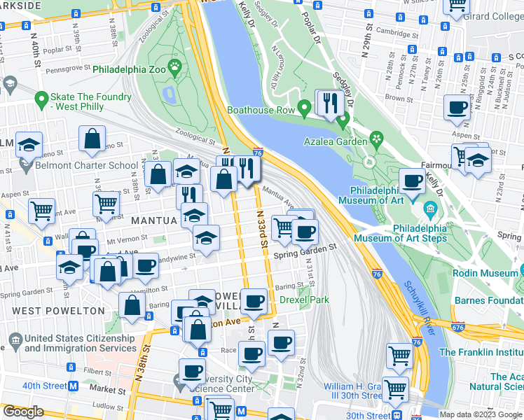 map of restaurants, bars, coffee shops, grocery stores, and more near 665 North 33rd Street in Philadelphia