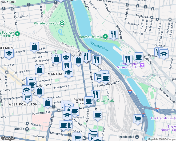 map of restaurants, bars, coffee shops, grocery stores, and more near in Philadelphia