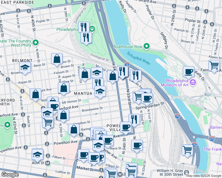 map of restaurants, bars, coffee shops, grocery stores, and more near 3500 Fairmount Avenue in Philadelphia
