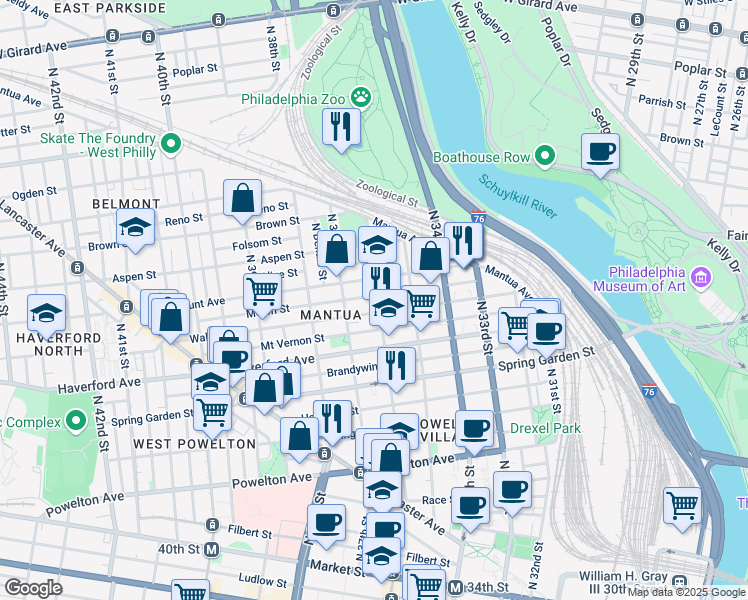map of restaurants, bars, coffee shops, grocery stores, and more near 676 North 36th Street in Philadelphia