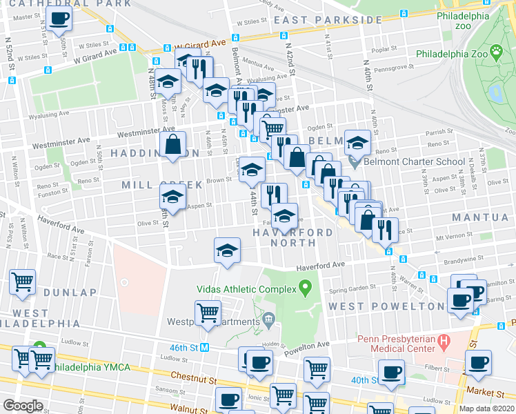 map of restaurants, bars, coffee shops, grocery stores, and more near 4317 Aspen Street in Philadelphia