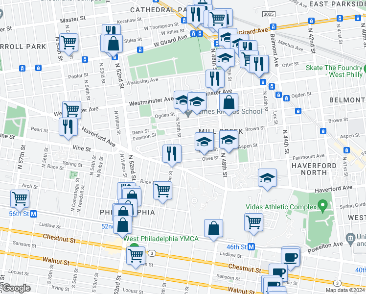 map of restaurants, bars, coffee shops, grocery stores, and more near 5003 Brown Street in Philadelphia