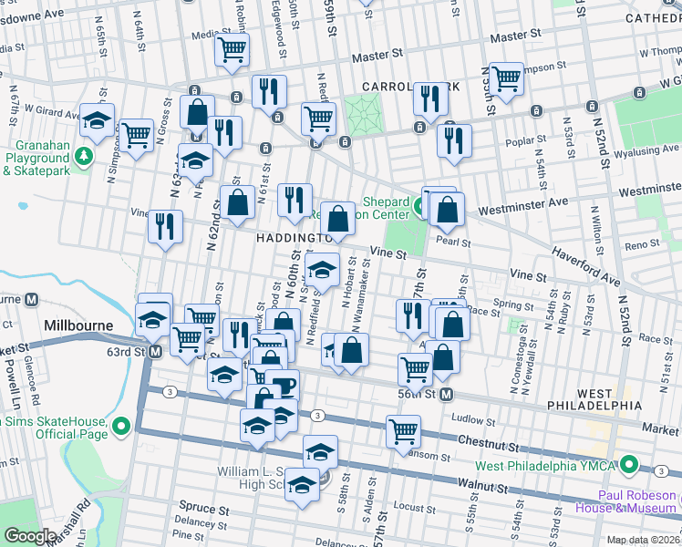 map of restaurants, bars, coffee shops, grocery stores, and more near 5915 Summer Street in Philadelphia