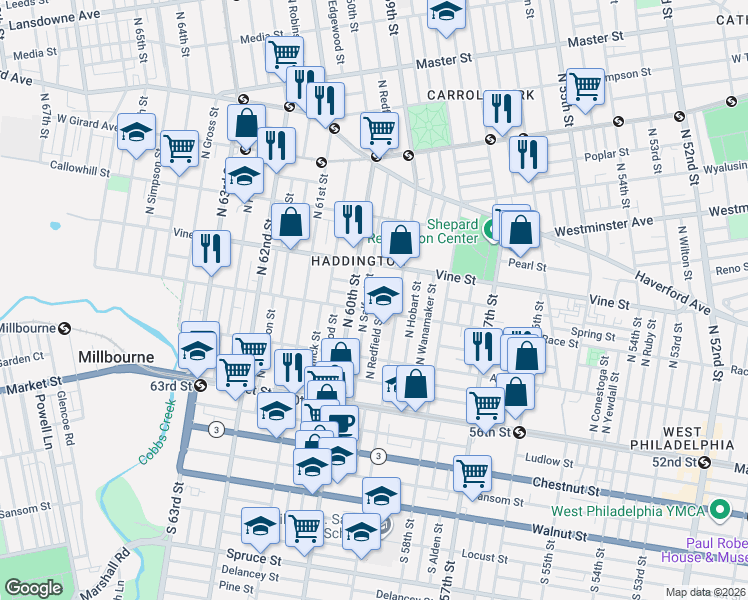 map of restaurants, bars, coffee shops, grocery stores, and more near 5915 Summer Street in Philadelphia