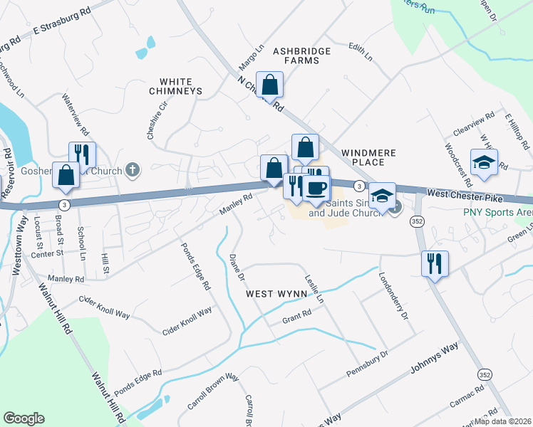 map of restaurants, bars, coffee shops, grocery stores, and more near 1480 West Chester Pike in West Chester