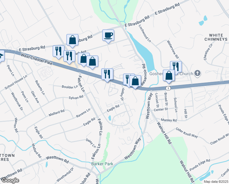 map of restaurants, bars, coffee shops, grocery stores, and more near 1324 West Chester Pike in West Chester