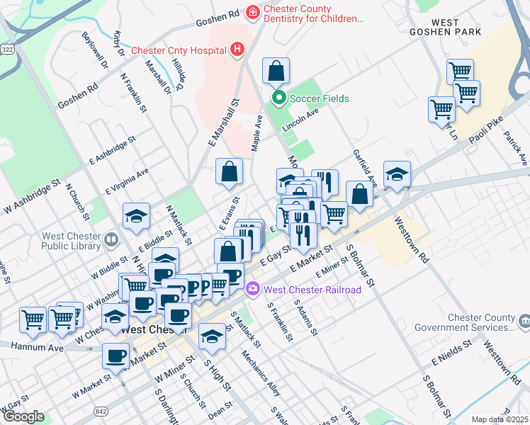 map of restaurants, bars, coffee shops, grocery stores, and more near 320 North Penn Street in West Chester