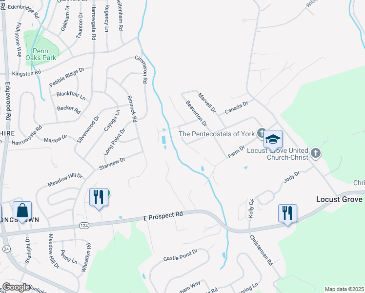 map of restaurants, bars, coffee shops, grocery stores, and more near 3880 Pond Drive in York