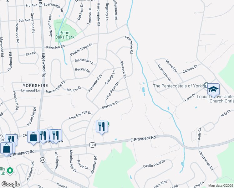 map of restaurants, bars, coffee shops, grocery stores, and more near 3734 Long Point Drive in York