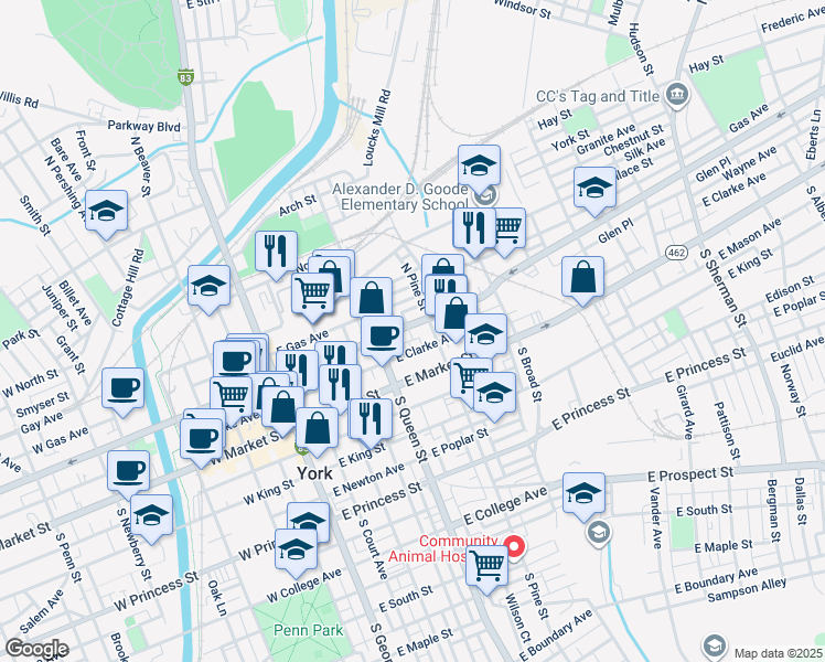 map of restaurants, bars, coffee shops, grocery stores, and more near 238 East Philadelphia Street in York