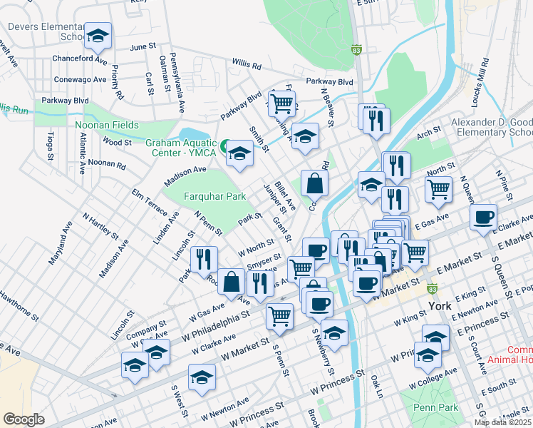 map of restaurants, bars, coffee shops, grocery stores, and more near 283 Park Street in York