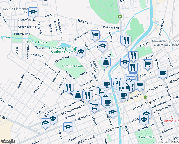 map of restaurants, bars, coffee shops, grocery stores, and more near 283 Park Street in York