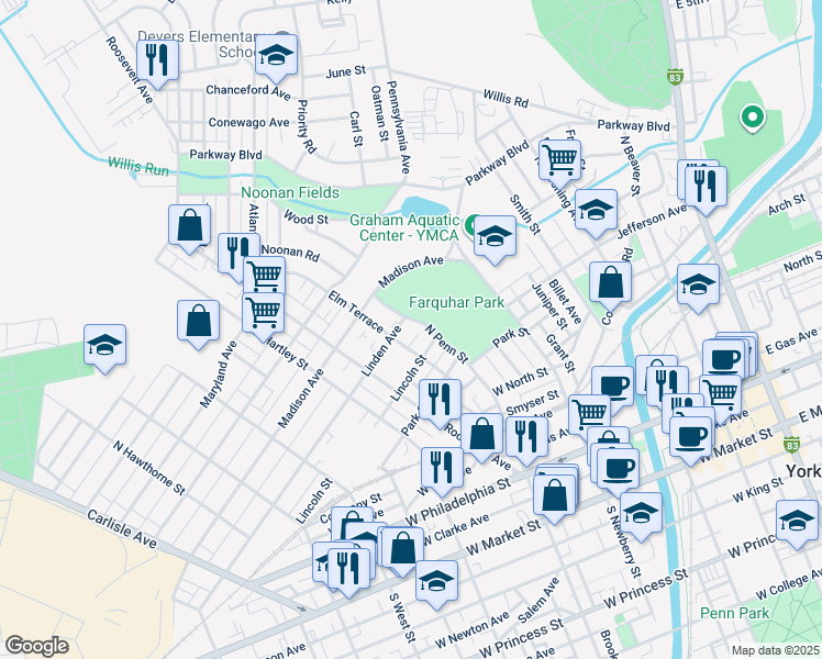 map of restaurants, bars, coffee shops, grocery stores, and more near 431 Linden Avenue in York