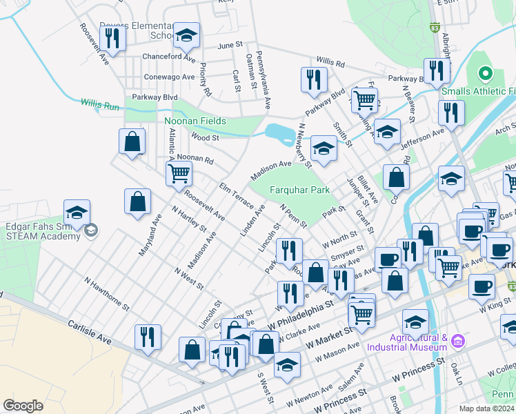 map of restaurants, bars, coffee shops, grocery stores, and more near 431 Linden Avenue in York
