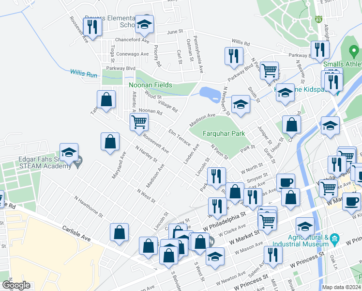 map of restaurants, bars, coffee shops, grocery stores, and more near 620 Elm Terrace in York